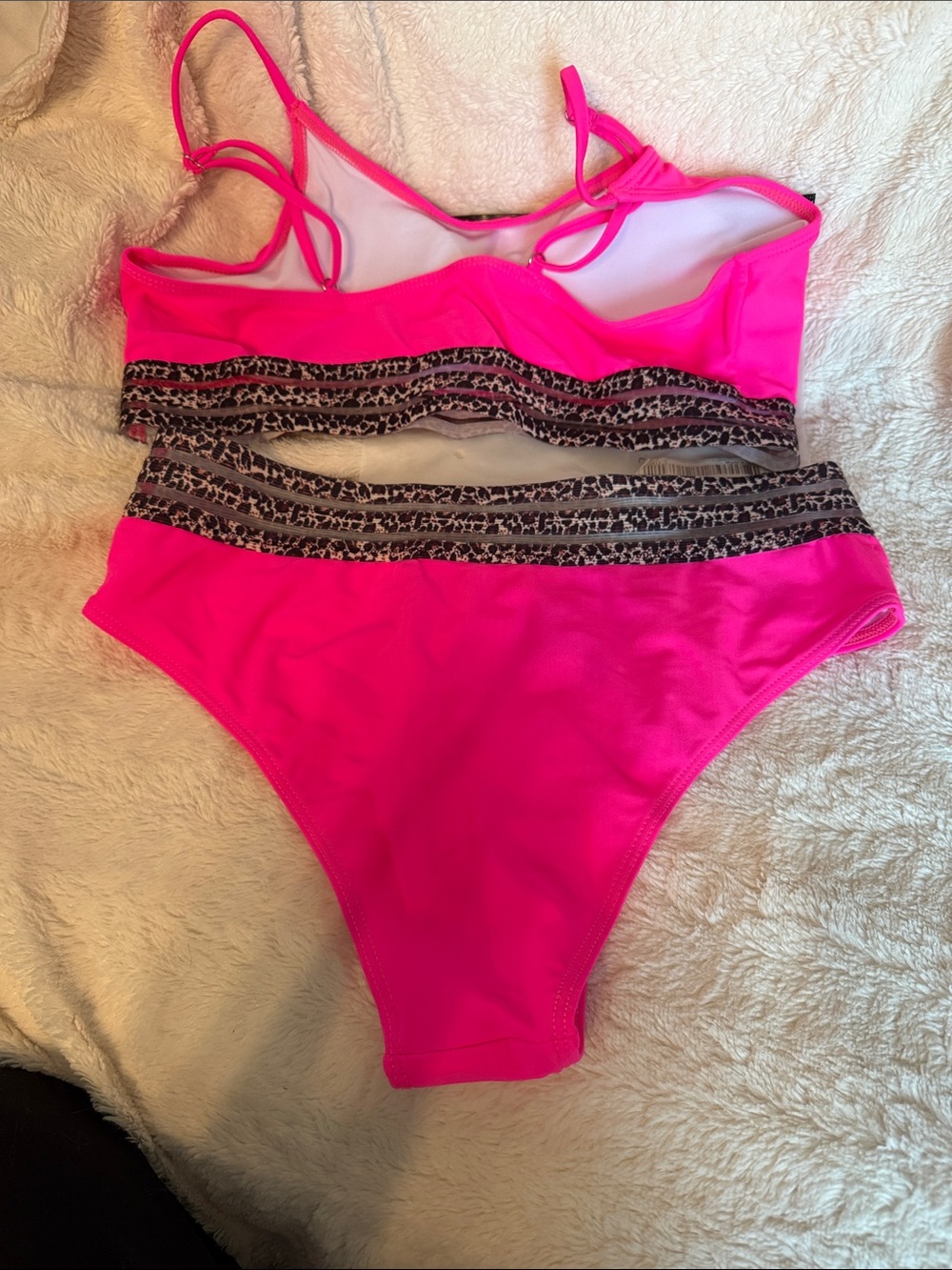 SHEIN Neon Pink Leopard Mesh Trim High Waisted Bikini Set Womens Large - Picture 5 of 5